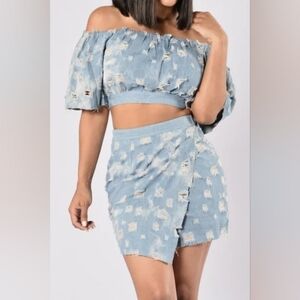 💕Fashion Nova Blue Wrap Mini Skirt & Top Ruched Distressed Set Casual Size L